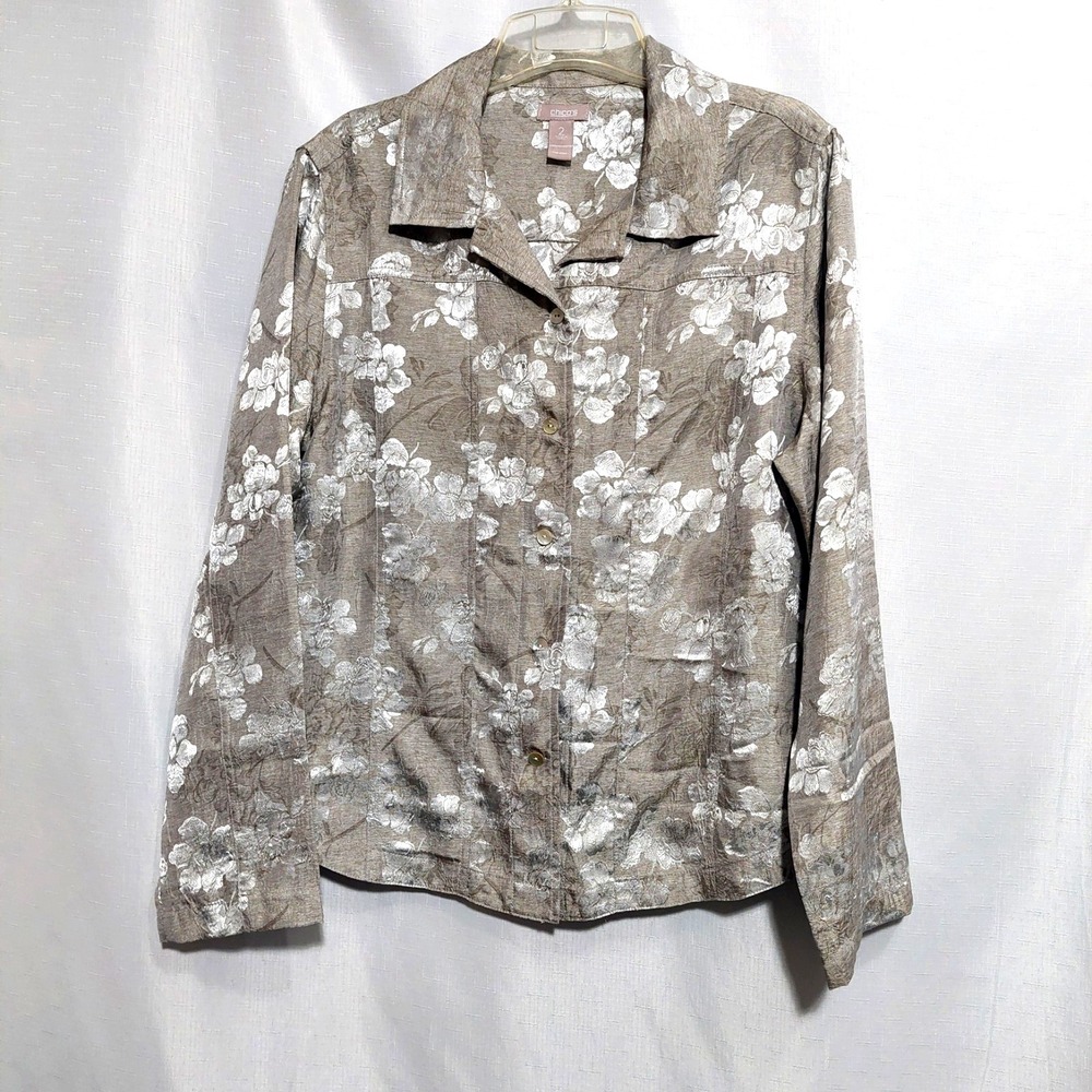 Chico's Womens 2(12) Button Up Blouse Shirt Shimmering Metallic Floral Relaxed